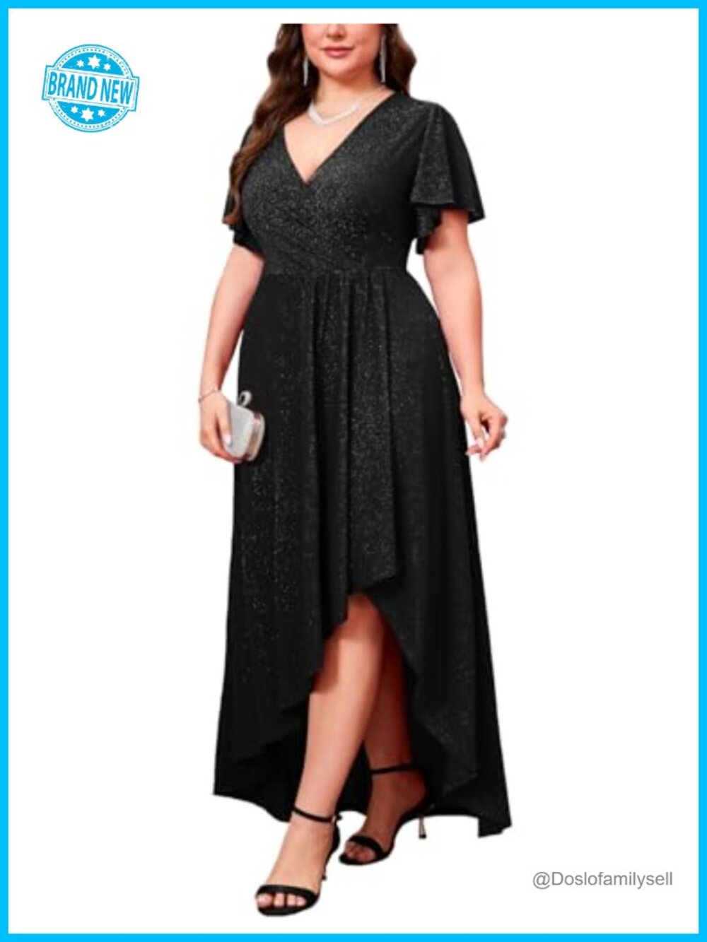 Plus Size Sparkly Glitter Formal Maxi A-Line Dress Ruffle Sleeve Prom Evening